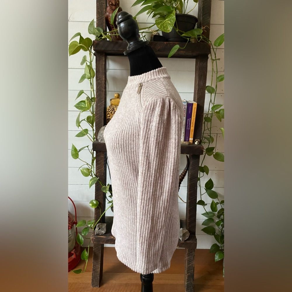 Olivia Blu: Cream Tan Soft Sweater with Zippers at Collar - Picture 14 of 17
